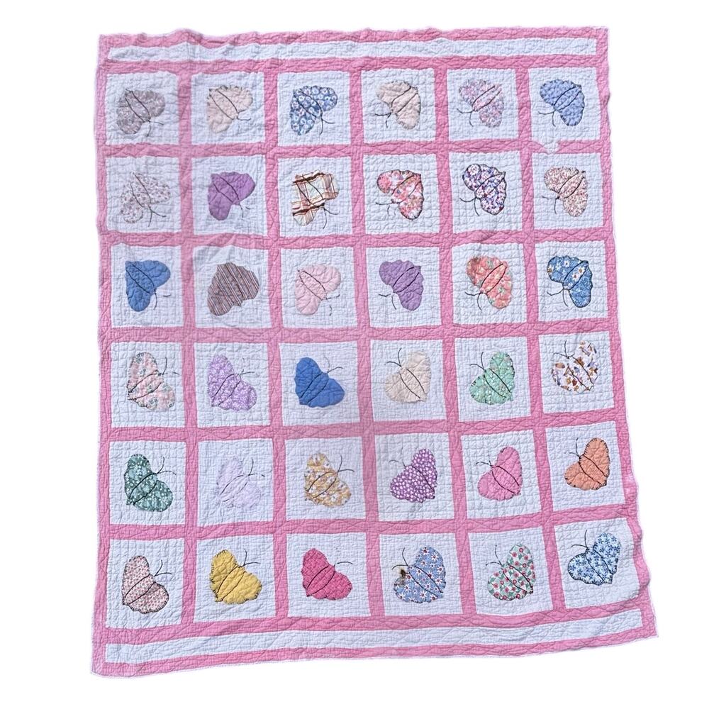 Vintage Quilt 36 Panels Hand Appliquéd Embroidered Butterflies Cutter 69x77”